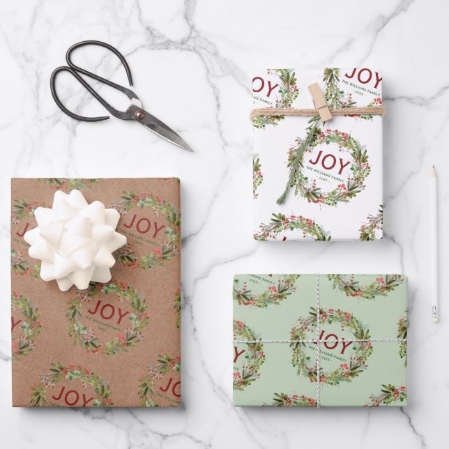 Joy - Christmas Wreath Family Name Wrapping Paper Sheets (Front)