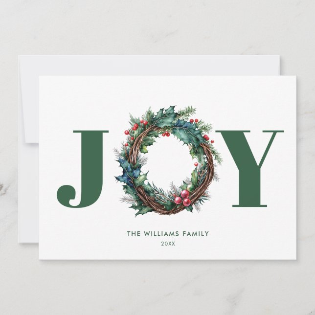 Joy Christmas Wreath Floral  Holiday Card (Front)