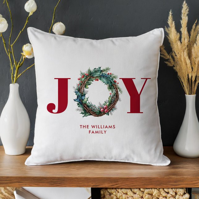 Joy Christmas Wreath Floral  Throw Pillow (Creator Uploaded)