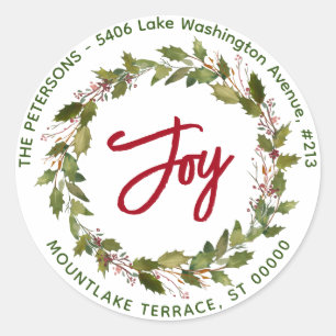 Joy Christmas Wreath Holly Berries Return Address Classic Round Sticker