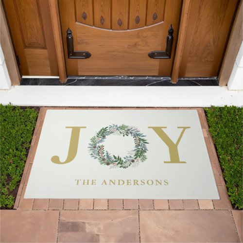 Joy Christmas Wreath Personalized Doormat