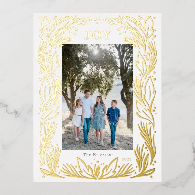 Joy Christmas Wreath Photo Foil Gold Postcard (Front)