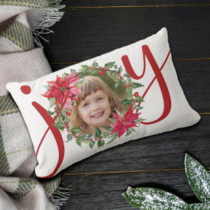 JOY Christmas Wreath Photo Lumbar Pillow