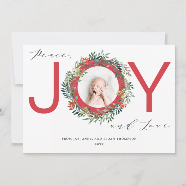 JOY Christmas Wreath Red Baby Photo Holiday Card (Front)