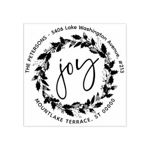 Joy Christmas Wreath Round Return Address Rubber Stamp