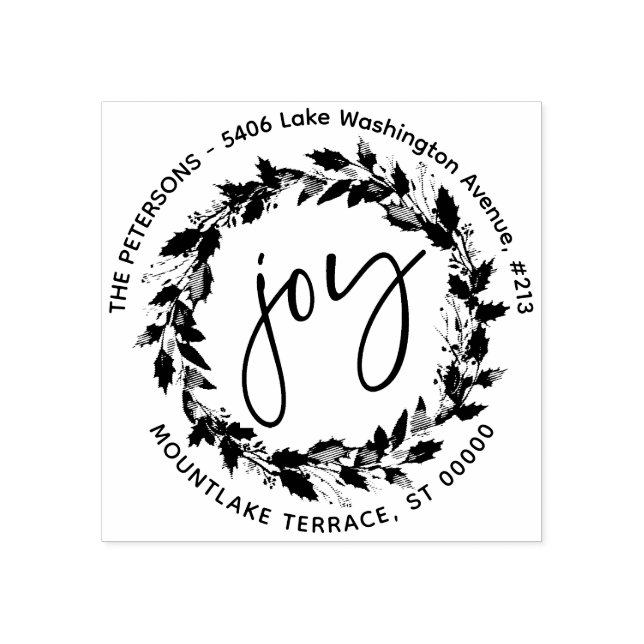 Joy Christmas Wreath Round Return Address Rubber Stamp (Imprint)