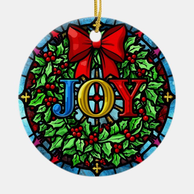 Joy Christmas Wreath Stained Glass Ceramic Ornament (Front)