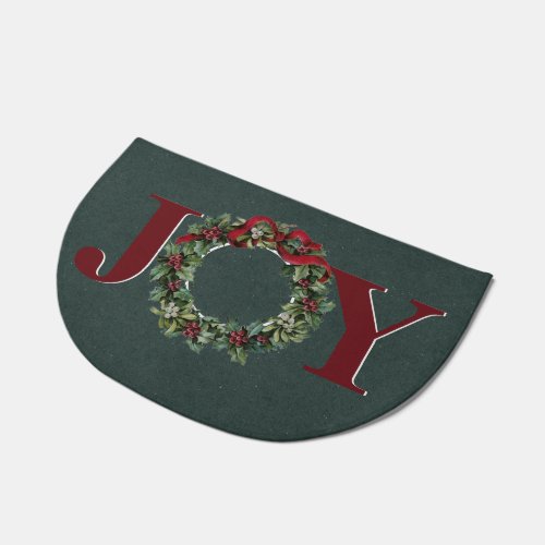 Joy Christmas Wreath Vintage Red Bow Holly Green   Doormat