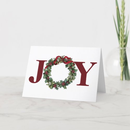 Joy Christmas Wreath Vintage Red Bow Holly Winter  Holiday Card