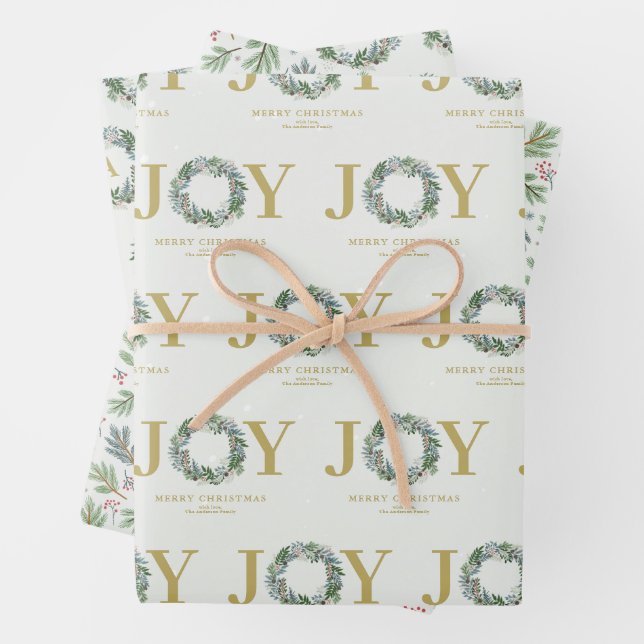 "Joy" Christmas Wreath Wrapping Paper Sheets (In situ)