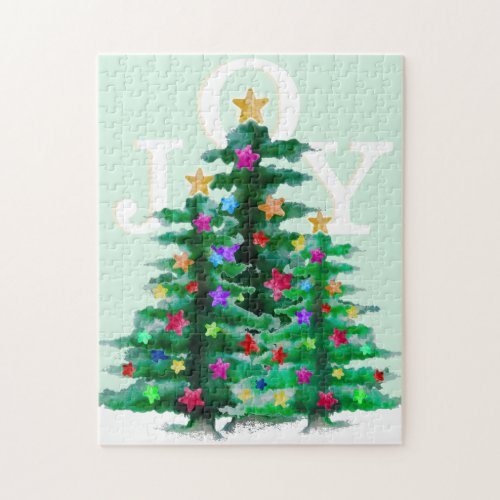 Joy Colorful Abstract Watercolor Christmas Tree Jigsaw Puzzle