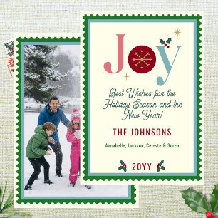 Joy Colorful Modern Vintage Postage Stamp Photo Holiday Card