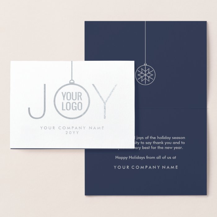 JOY Company Logo Modern Holiday Blue & Silver Real Foil Card