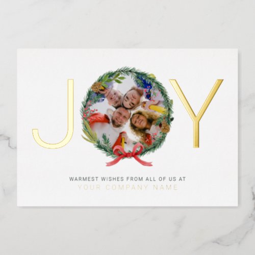 Joy Company Photo Christmas Wreath Business  Foil Holiday Card