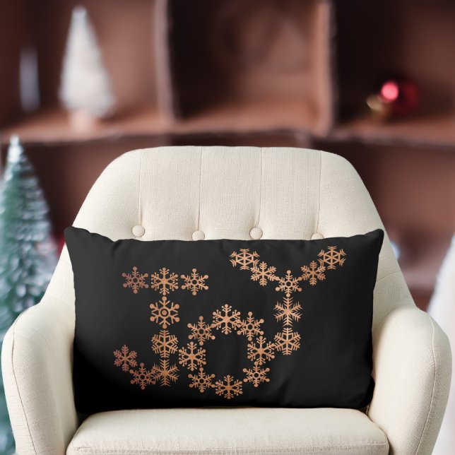 Joy Copper Snowflakes Black Festive Lumbar Pillow (Festive snowflakes spell out the word Joy. It's double sided with snowflakes on the reverse)