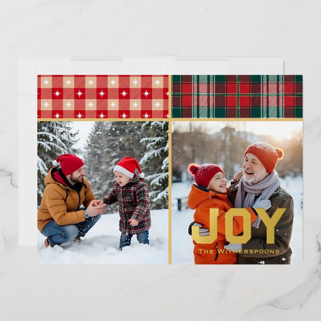 Joy Cozy Plaid and Gold 2 Family Photo Flat   Foil Holiday Card (Envelope)