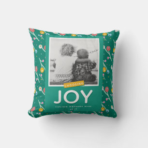 Joy Custom 1-Photo Holiday Christmas Berries Green Throw Pillow