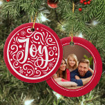 Joy Custom Family Photo Christmas Holiday Red Ceramic Ornament<br><div class="desc">Easily personalize this beautiful hand lettering "Joy" design Christmas ornament with your custom family photo on the back.</div>
