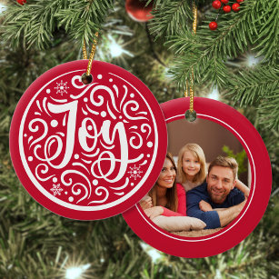 Joy Custom Family Photo Christmas Holiday Red Ceramic Ornament