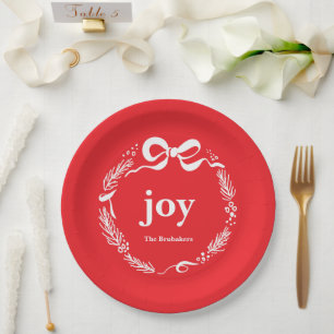 Joy Custom Red Modern Whimsical Bow Christmas Paper Plates