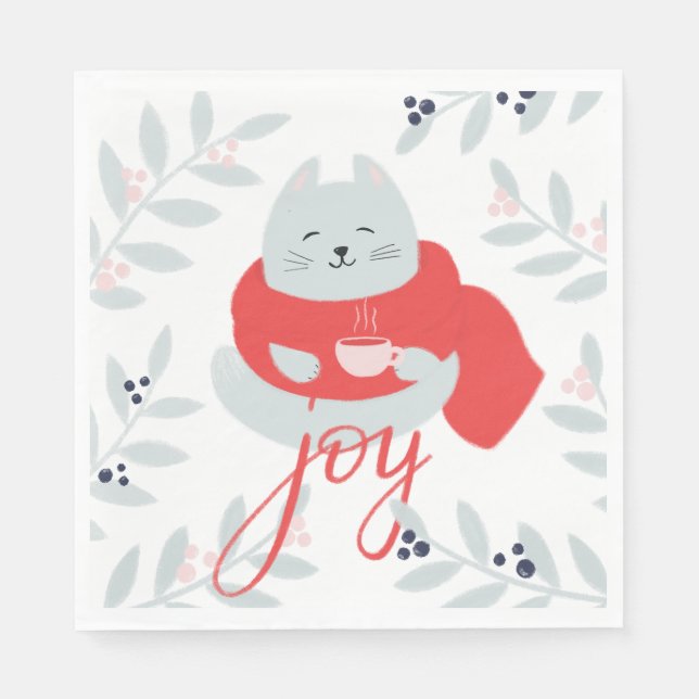 Joy. Cute Christmas cat / Winter holiday animal  Napkins (Front)