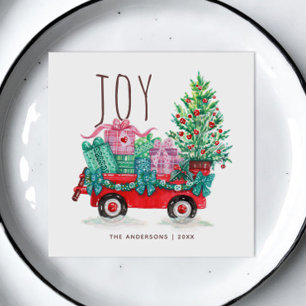 Joy. Cute Christmas tree and box winter holidays Napkins