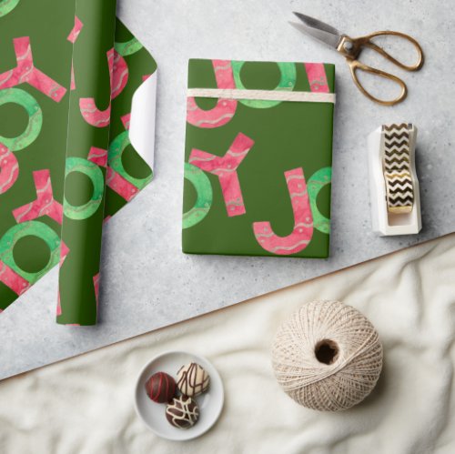 Joy  Cute Colorful Red Green Christmas Pattern Wrapping Paper