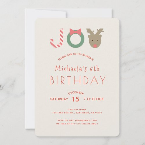 JOY Cute Reindeer Beige Birthday Party Invitation