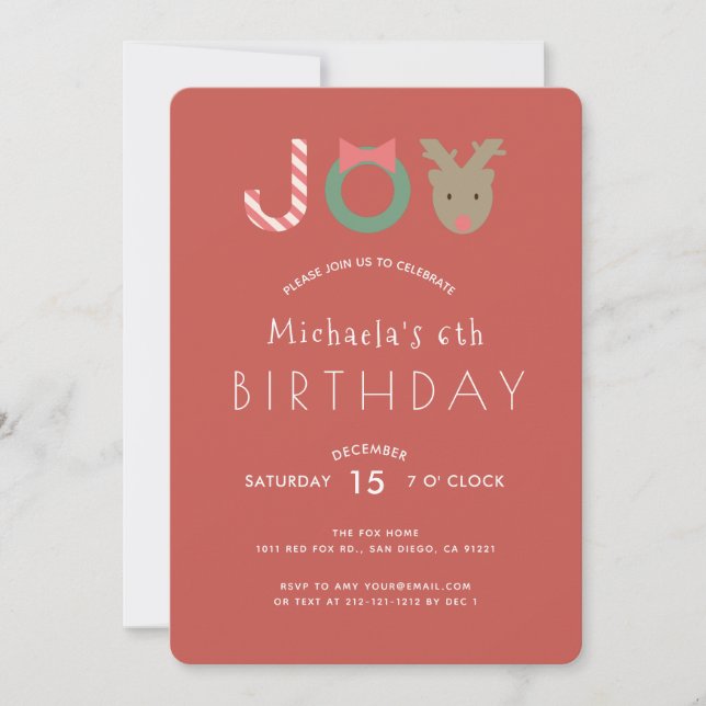 JOY Cute Reindeer Red Birthday Party Invitation (Front)