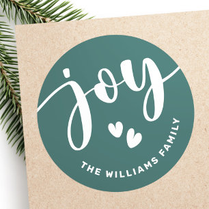 Joy cute script typography green name Christmas Classic Round Sticker