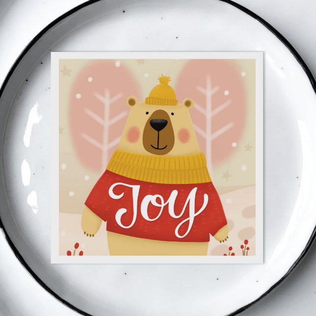 Joy | Cute Woodland Christmas Bear Winter Party Napkins (Creator Uploaded)