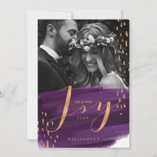 Joy   Deep Purple Watercolor Wash Newlyweds Photo Holiday Card