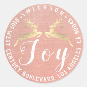 Joy Deer Christmas Return RSVP Linen Rustic Peach Classic Round Sticker