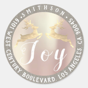 Joy Deer Christmas Return RSVP Rose Gray Linen Classic Round Sticker