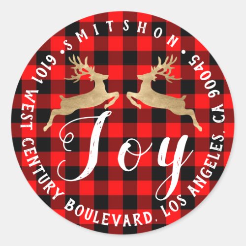 Joy Deer Holiday Return Address Buffalo PlaidGold Classic Round Sticker