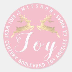 Joy Deer Holiday Return Address Pink RSVP Golden Classic Round Sticker