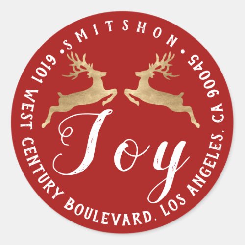 Joy Deer Holiday Return Address Red RSVP Golden Classic Round Sticker