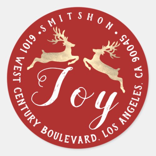 Joy Deer Holiday Return Address Red Whit RSVP Gold Classic Round Sticker