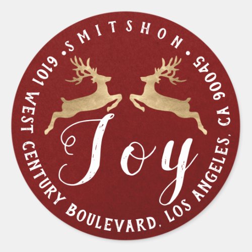 Joy Deers Holiday Return Address Burgund Gold Lux Classic Round Sticker