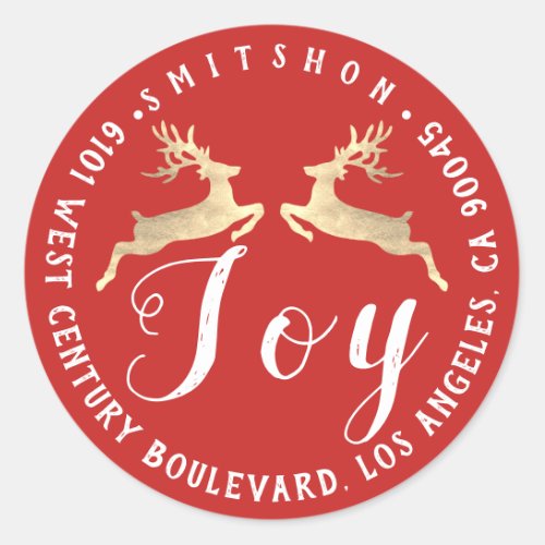 Joy Deers Holiday Return Address Red White Gold Classic Round Sticker