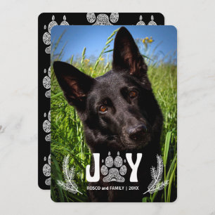 Joy Dog Paw Print and Pines Pet Lover Photo Holiday Card