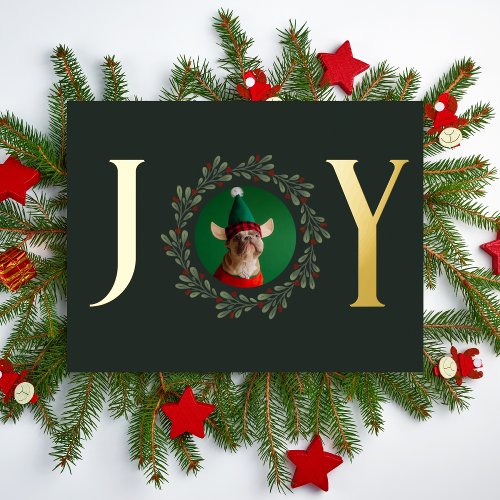 Joy Dog Photo Dark Green Christmas Wreath Gold Foil Holiday Postcard