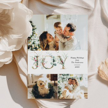 Joy Elegant 3 Photo Gold Greenery Berries Holiday Card by PeachBloome at Zazzle