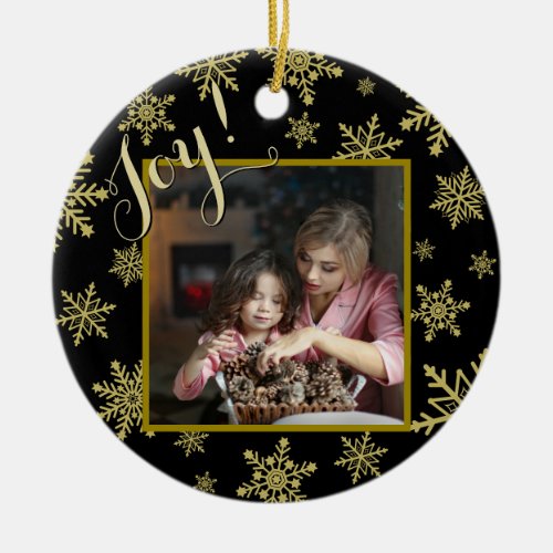 Joy Elegant Black  Gold Round Holiday Photo Ceramic Ornament