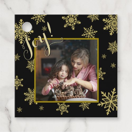 Joy Elegant Black  Gold Snowflakes Holiday Photo Favor Tags