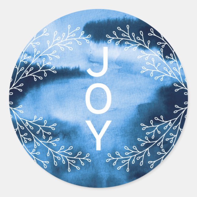 Joy | Elegant Blue Watercolor Wash Holiday Classic Round Sticker (Front)