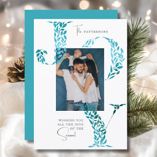 Joy Elegant Christmas Floral Typography Photo  Holiday Card