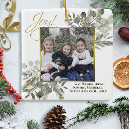 Joy! Elegant Eucalyptus & Pine Holiday Photo Ceramic Ornament