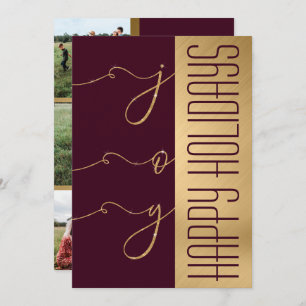 Joy Elegant Gold Burgundy Glitter Photo Holiday Card