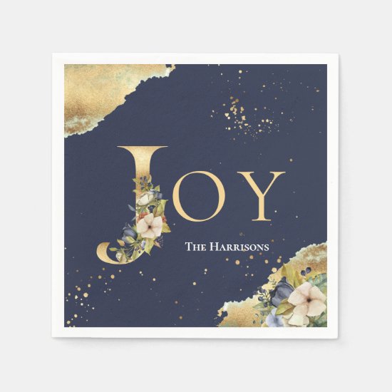 Joy Elegant Gold Foil Floral Blue Christmas Napkin